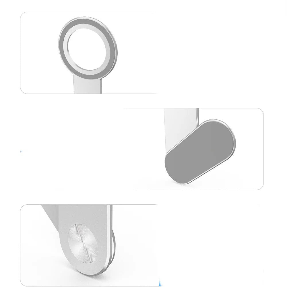 Metallic silver aluminium alloy desktop phone holder with magnetic extension for iPhone.