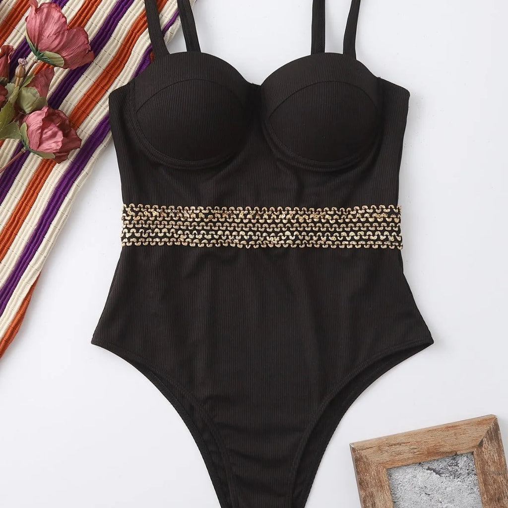 Black women's one-piece swimsuit with a matching hard storage bag that has an adjustable shoulder strap.