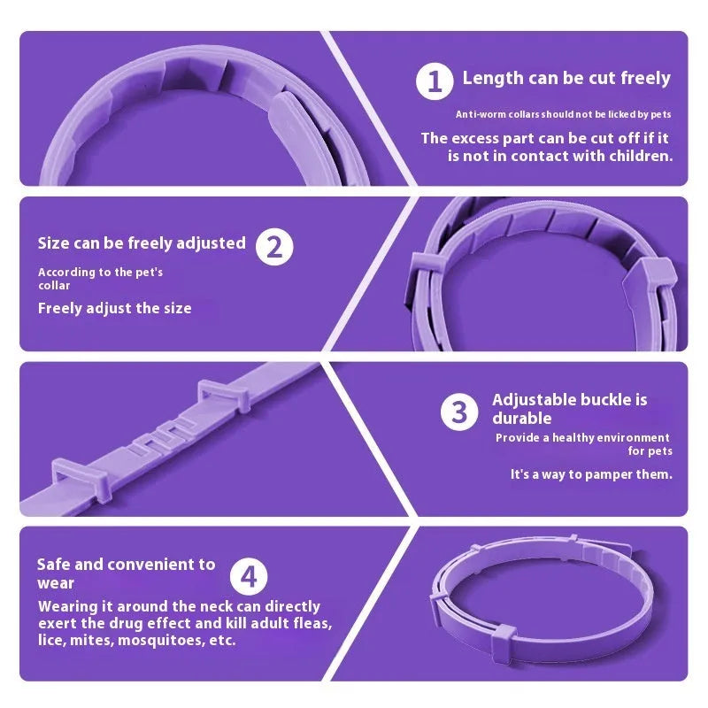 Adjustable calming collar for dogs and cats in orange, blue, grey, purple, sizes 38cm and 63.5cm.