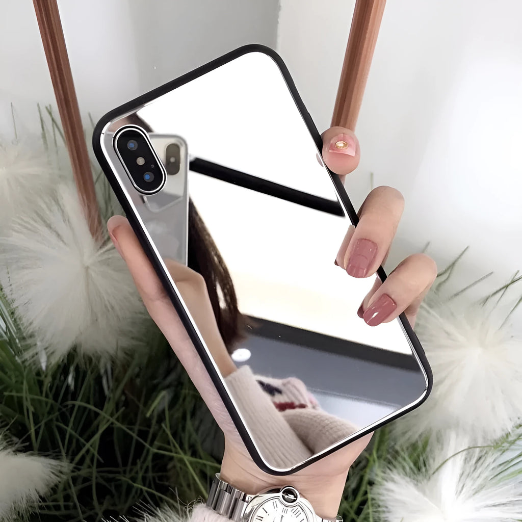 Black phone case for iPhone with a reflective mirror surface on the back.