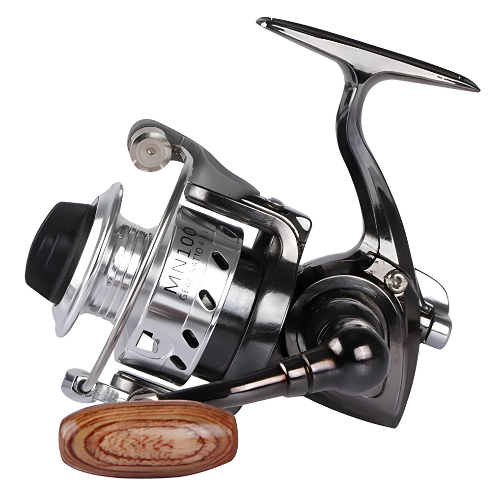 Mini 100 all metal fishing reel in black colour with folding rocker arm and wooden handle
