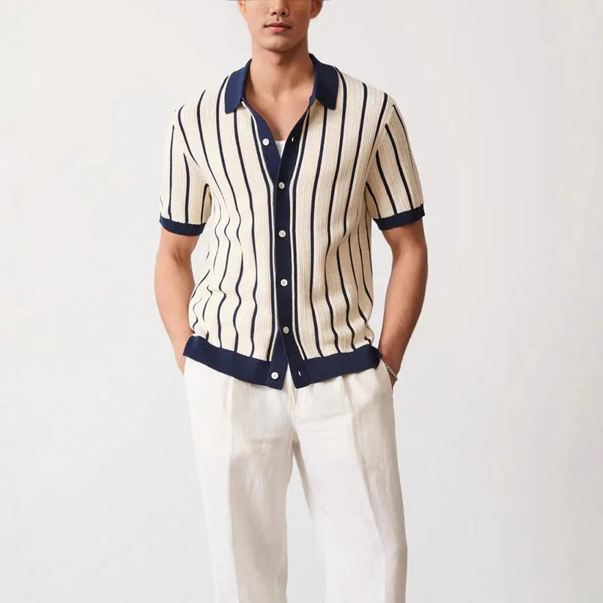 Men's white ice silk knitted top with asymmetric lapel and British style design
