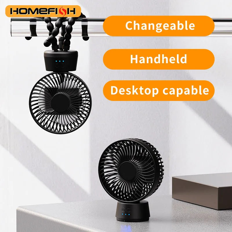 HOMEFISH handheld fan with mounting bracket attached, showing removable front mesh guard.