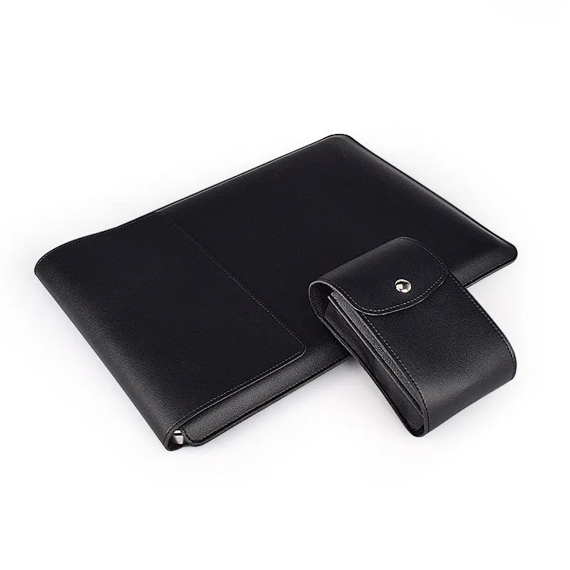 Frosted PU leather laptop sleeve with metal lock and horizontal clutch shape, available in Army Green and Black
