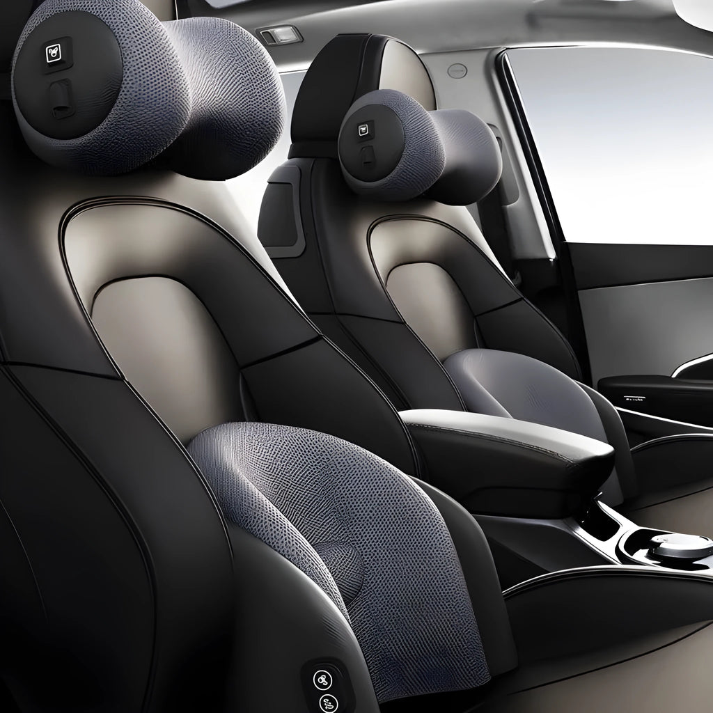 Car seat massage cushion and headrest in memory cotton, shown in black, brown, and grey colour options.