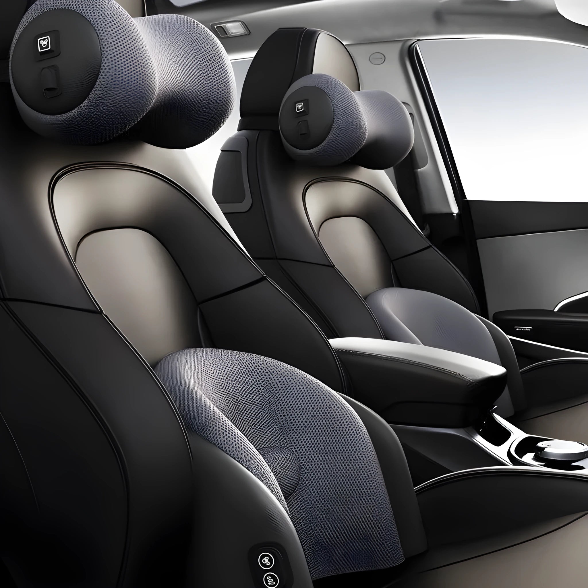 Car seat massage cushion and headrest in memory cotton, shown in black, brown, and grey colour options.