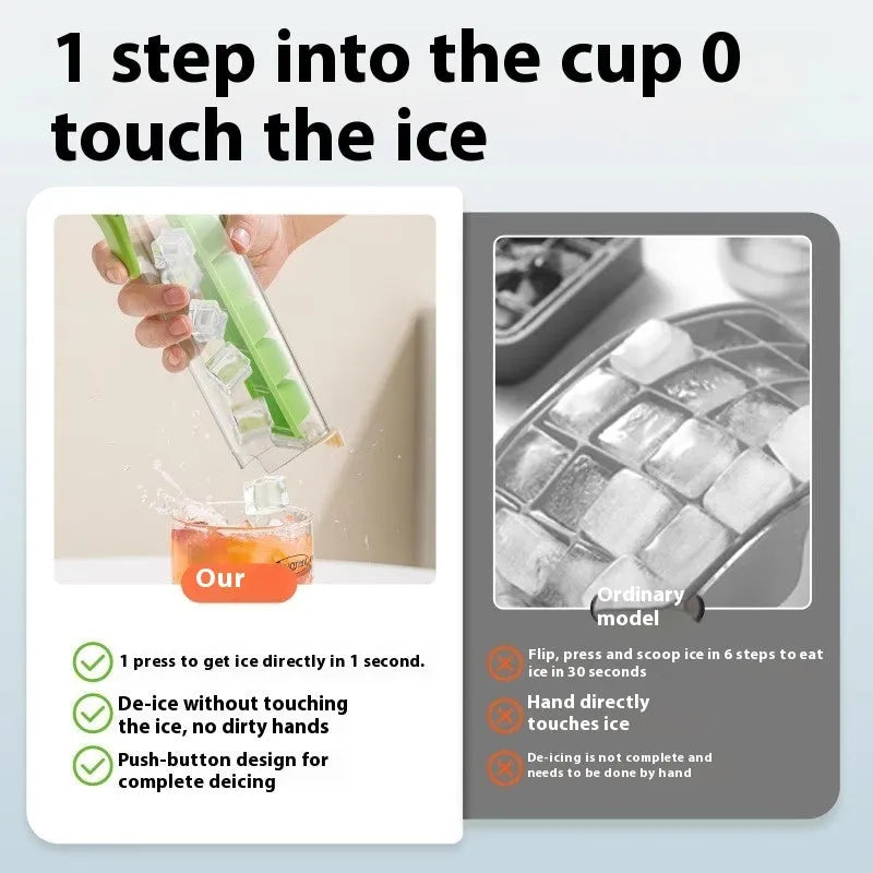 Food-grade plastic ice cube tray with one-touch release and storage box in blue or white.