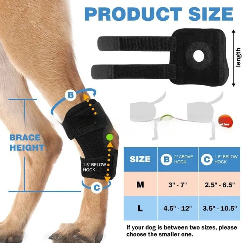 Black polyester dog leg guard for ACL tear rehabilitation in L, M, XL sizes.