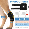 Black polyester dog leg guard for ACL tear rehabilitation in L, M, XL sizes.