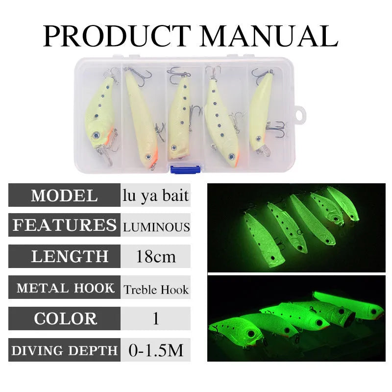 Set of five 3D fluorescent hard bait fishing lures with luminous details.