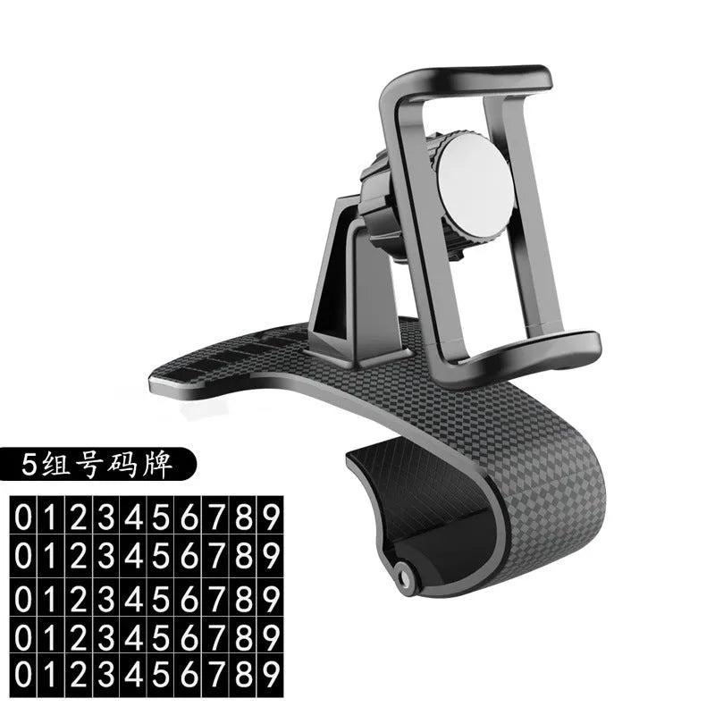 Black car phone mount with 360-degree rotating head and width-adjustable cradle