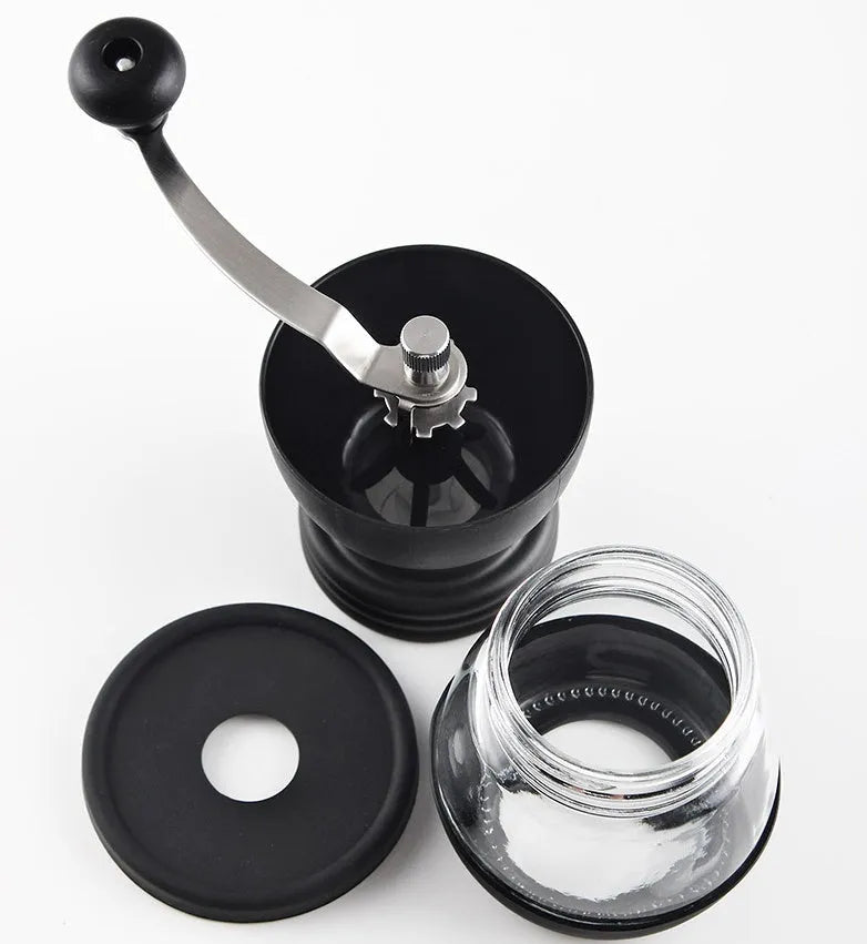 Manual hand coffee grinder with black format, beech wood body, 88 mm width and 160 mm height, front drawer for ground coffee