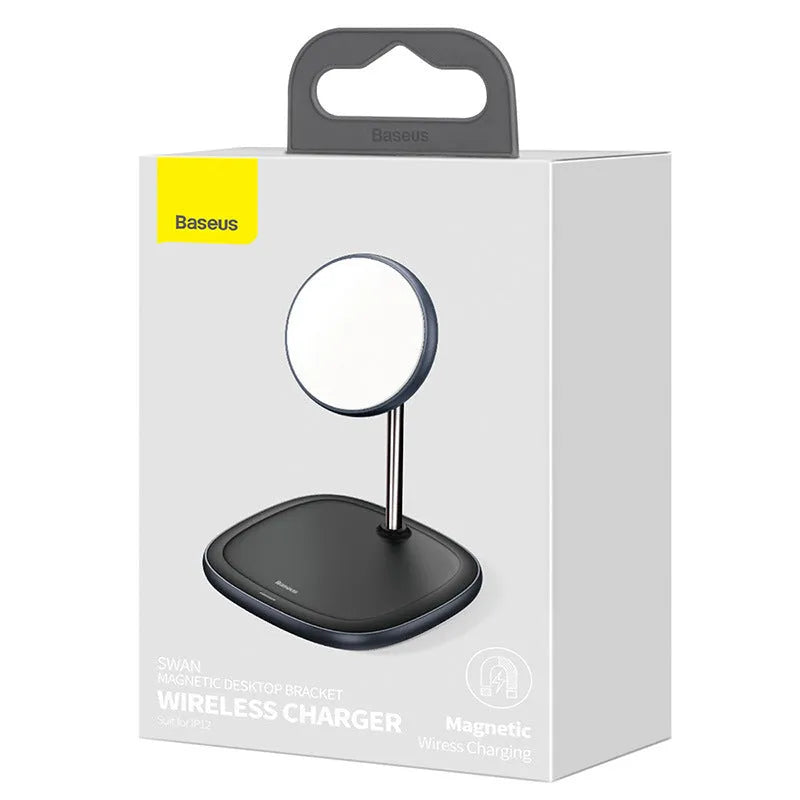 Black magnetic wireless charging stand for iPhone 12 series on desk with Type-C cable