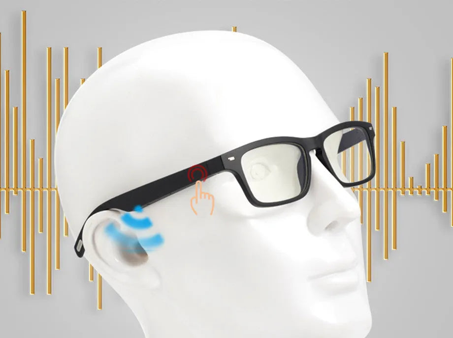 Semi-open Bluetooth smart glasses with PC+ABS frame on a glasses case.