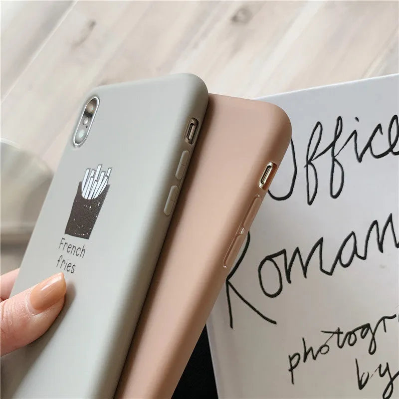 Soft matte silicone iPhone case with cute coffee and fries couple design pattern.
