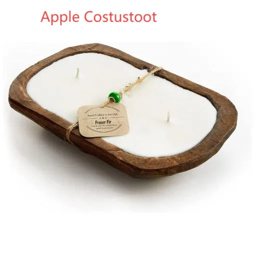 Retro lavender coloured wooden basin containing a soy wax aromatherapy candle with three wicks.
