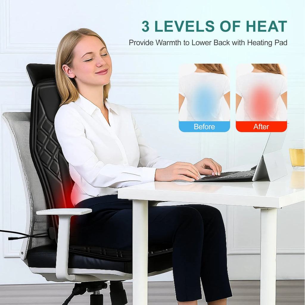 9-speed massage cushion with timer and heat on an office chair showing control panel and fabric cushion
