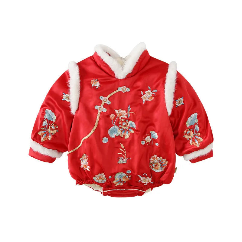 Red triangle baby jumpsuit for girls with long sleeves from 66cm to 90cm height