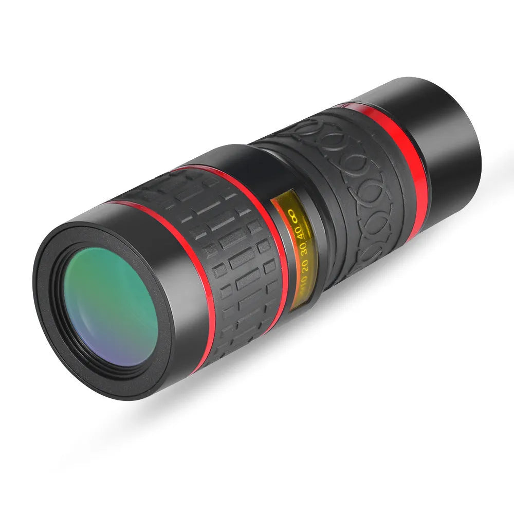 20x magnification smartphone telescope attachment with universal mounting clip and single-eye mask on a white background.