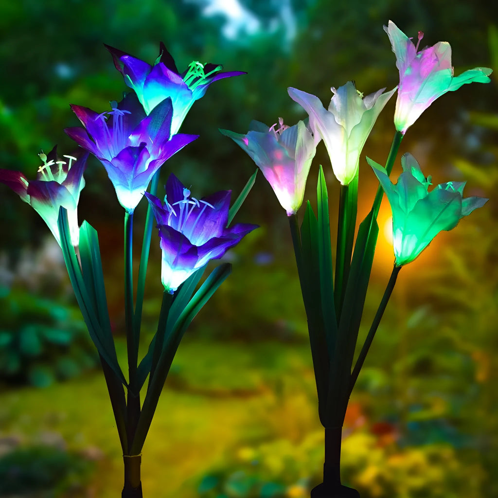 Outdoor solar garden light with 7 colourful LEDs and lily design, IP65 waterproof