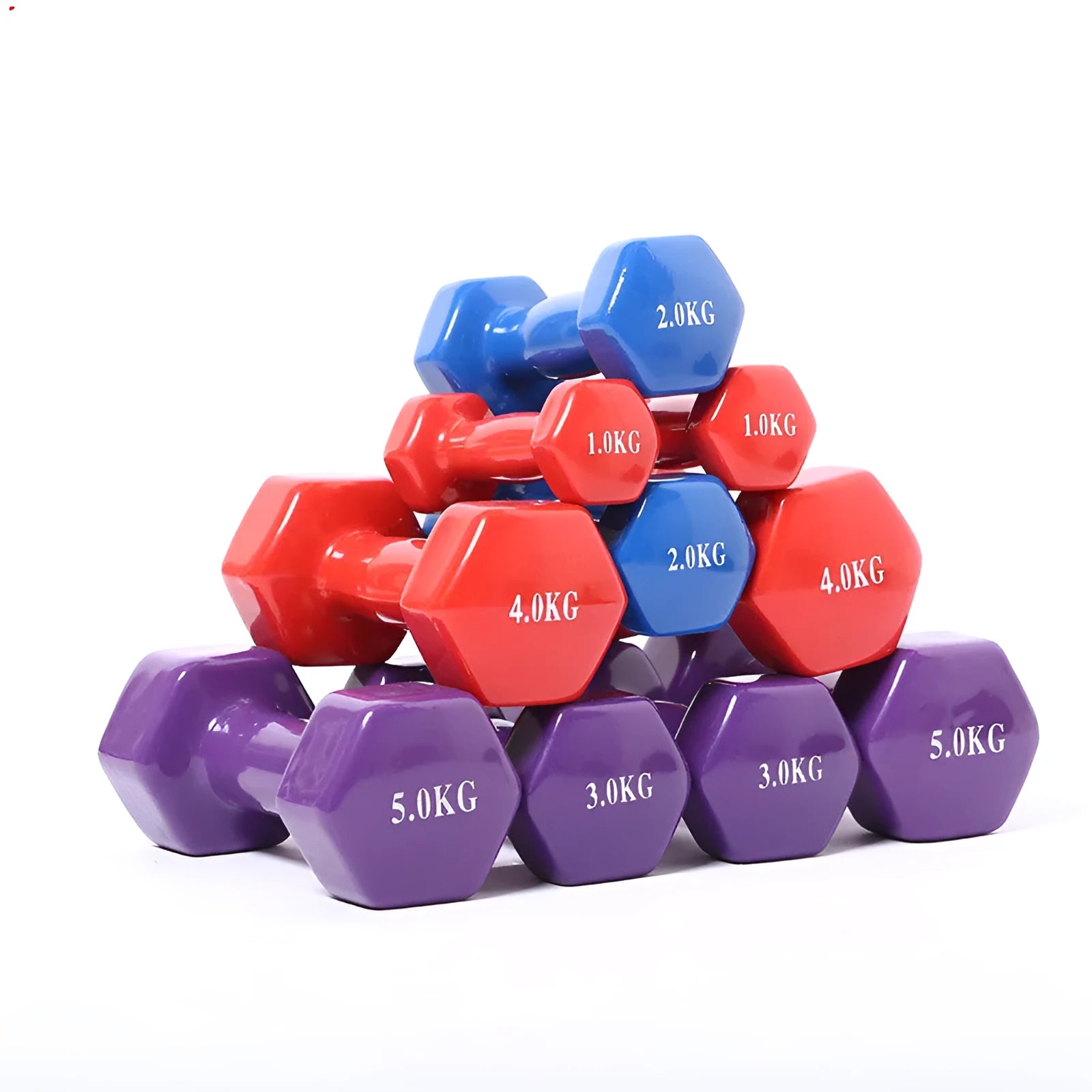 Colourful plastic-coated fitness dumbbells in bright colours showing 0.5kg, 1kg and 1.5kg weight options