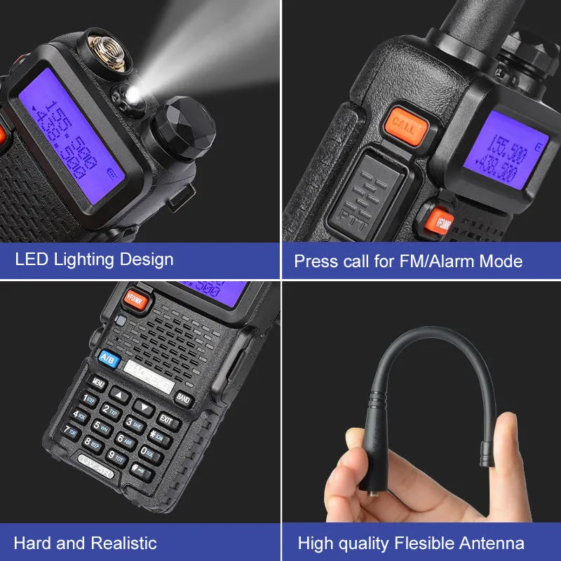 Black professional walkie talkie with LCD display, showing 128 channels and dual VHF/UHF frequency bands.