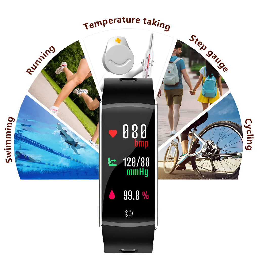 F10T body temperature smart bracelet with black silicone strap and 0.96 inch touch screen display