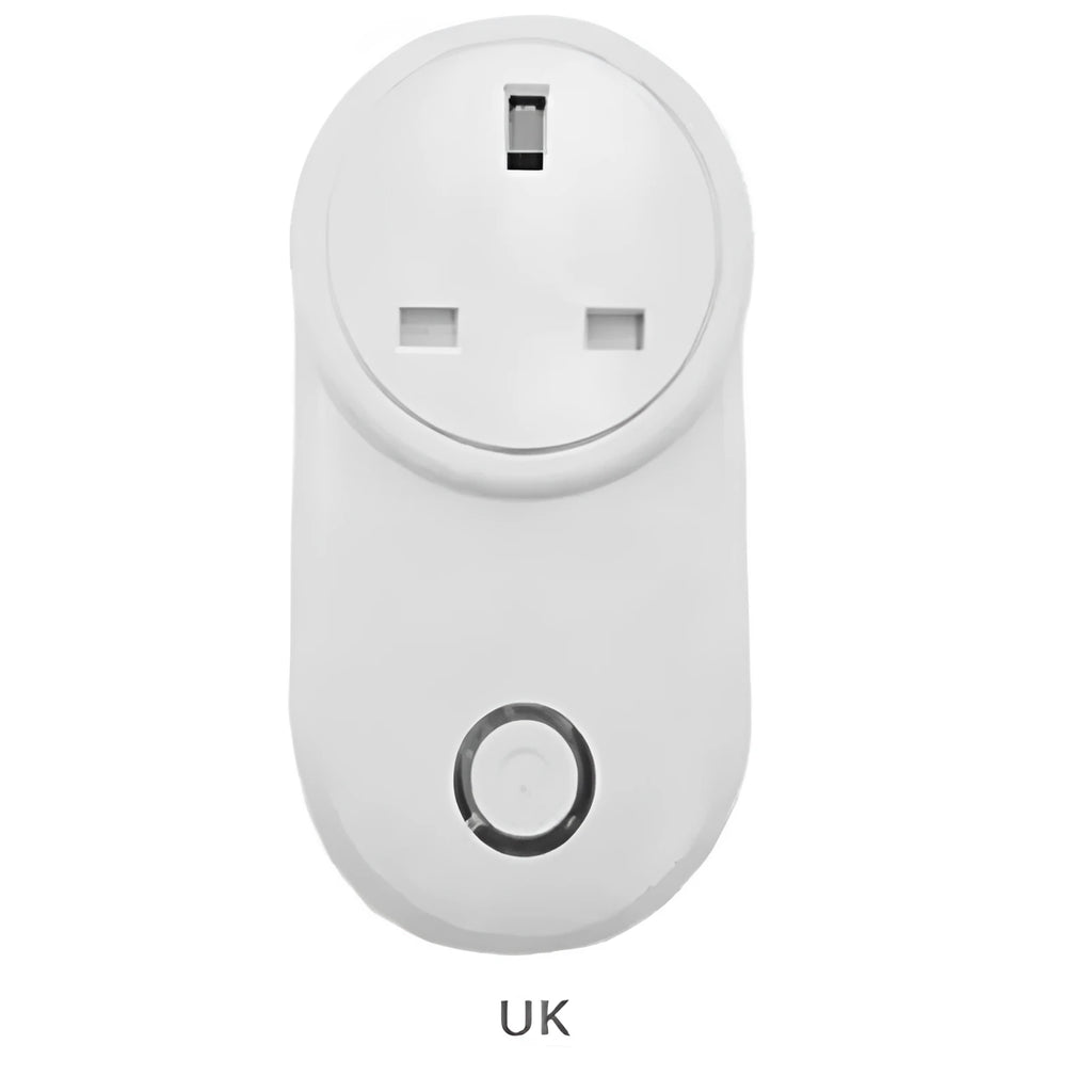 Neutral-coloured UK smart WiFi socket for in-wall installation with SA-014 three-pin plug.