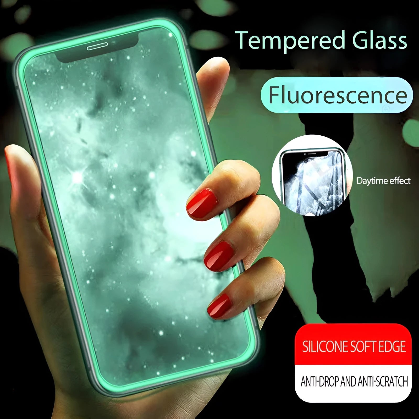 Luminous full cover tempered glass screen protector for iPhone glowing in dark on a phone.