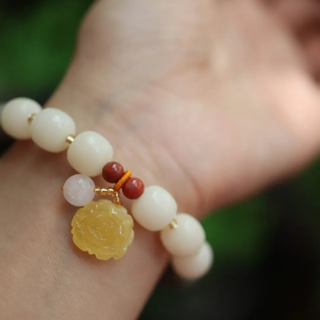 Natural Bodhi root bracelet with gradient white jade and beeswax floral beads