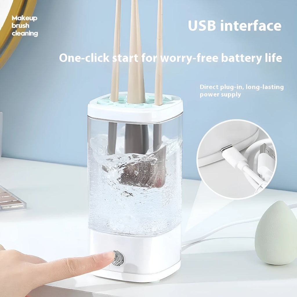 USB rechargeable electric makeup brush cleaner with 8000 RPM motor, storage box, and square cleaning cup in Elegant Grey