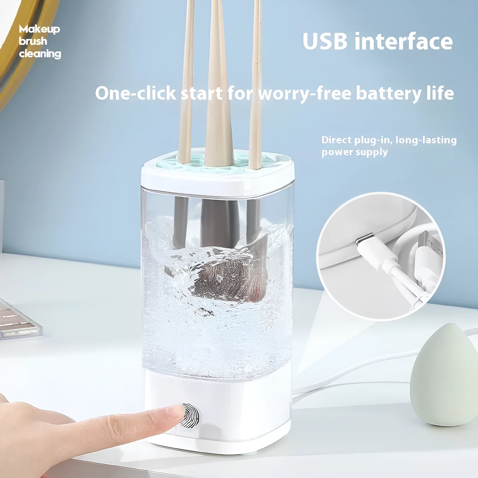 USB rechargeable electric makeup brush cleaner with 8000 RPM motor, storage box, and square cleaning cup in Elegant Grey