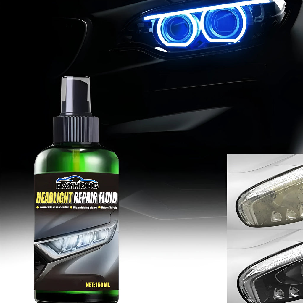 150ml bottle of car headlight repair liquid with applicator brush on a yellowed car lamp.