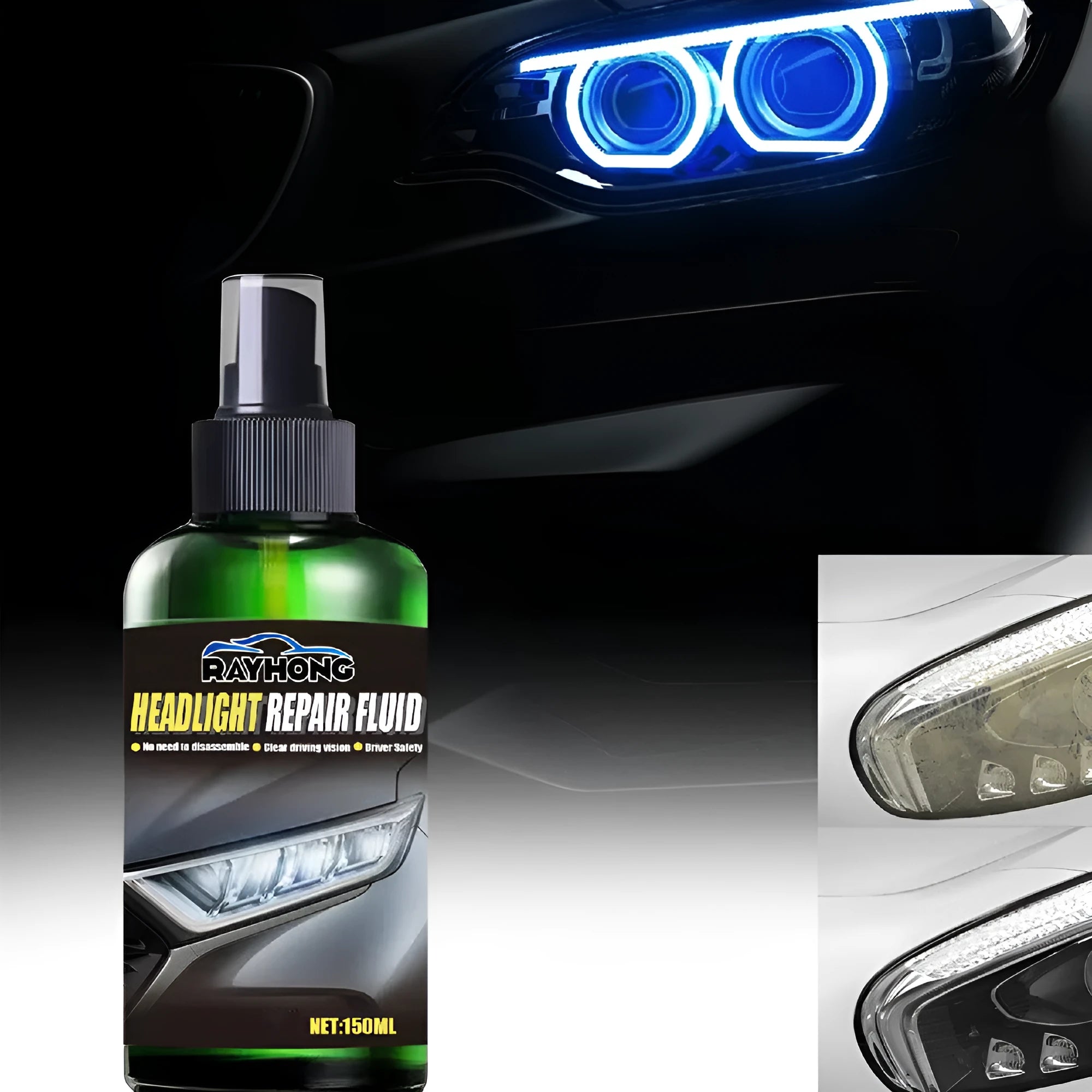 150ml bottle of car headlight repair liquid with applicator brush on a yellowed car lamp.
