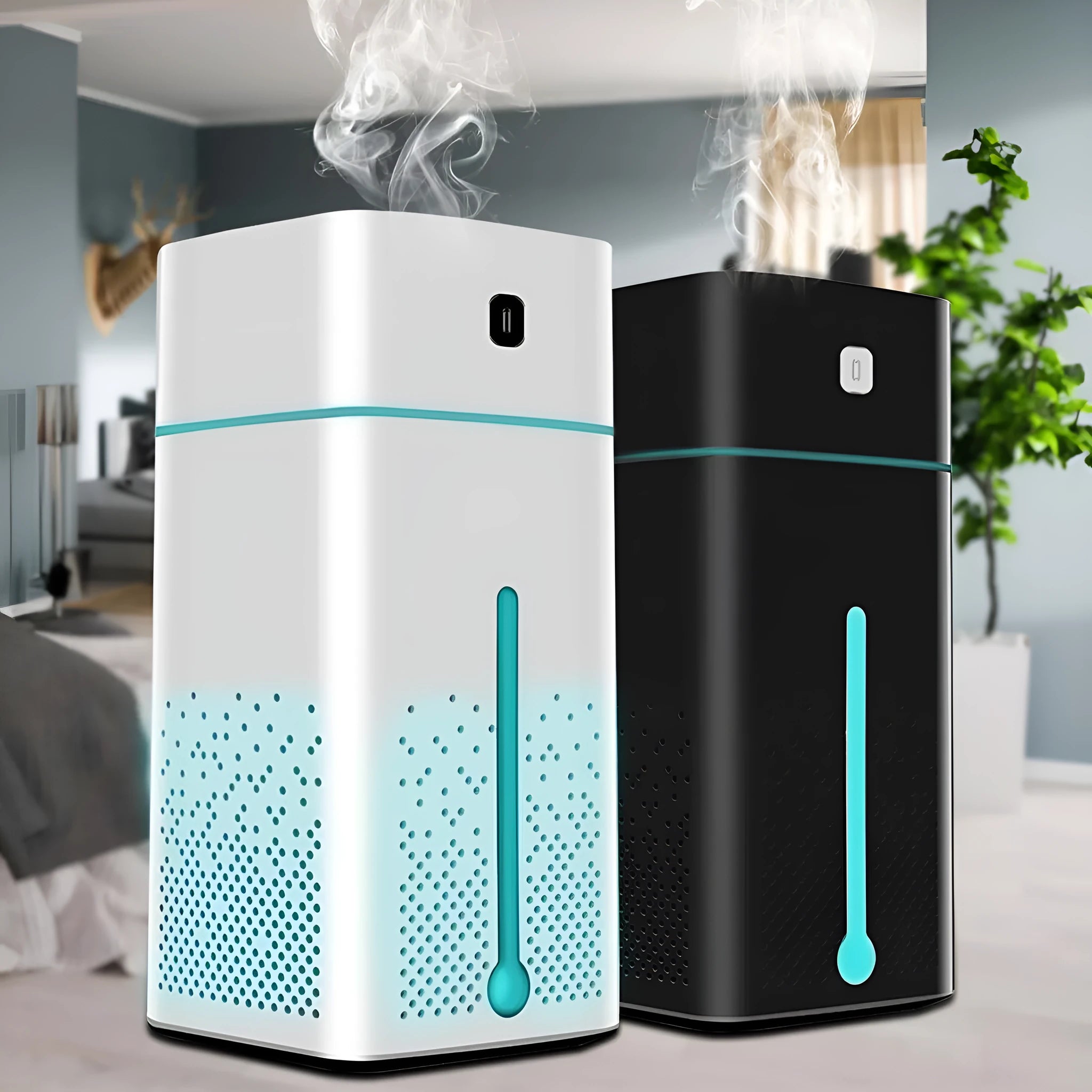 Black or white desktop ultrasonic humidifier with 1000ml tank and USB cable on a wooden desk.