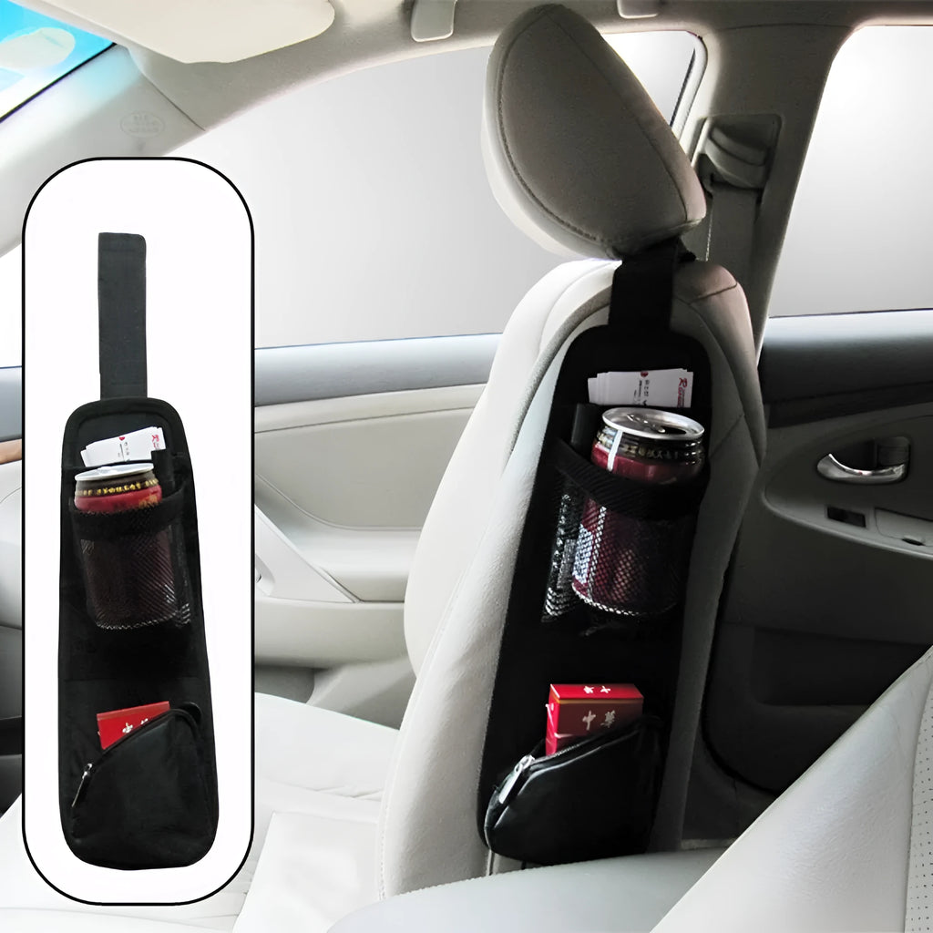 Black nylon car chair side bag with cup holder compartments installed on a vehicle seat