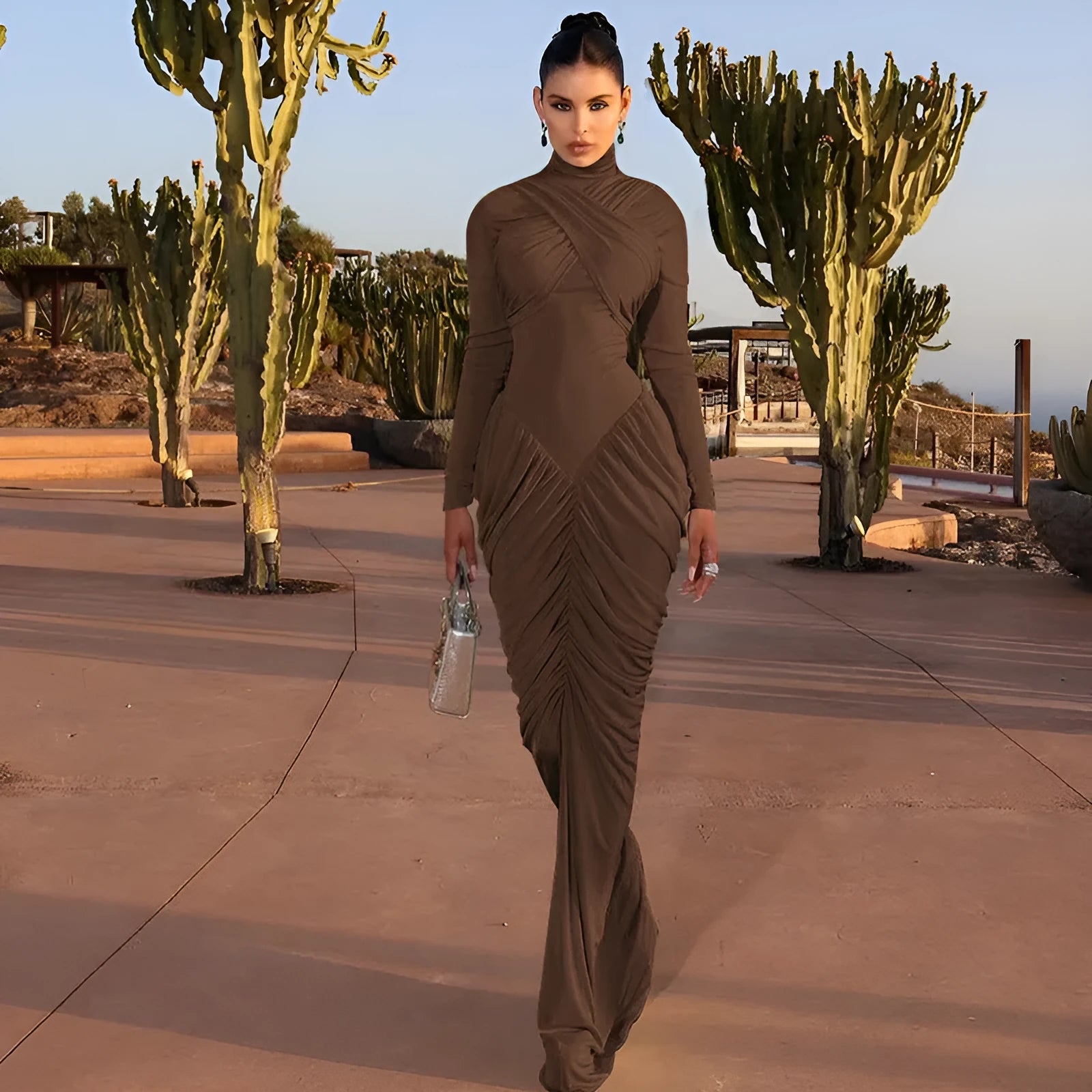 Women's solid colour high neck long sleeve ruffle back bodycon dress in black, front view