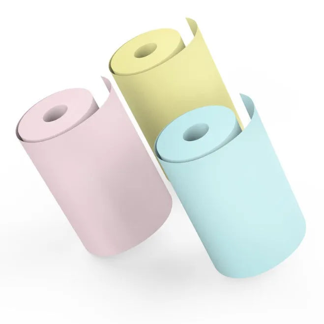 Mini Bluetooth wireless thermal printer in white, pink, and blue, 79x42x79mm, for printing photos from smartphone