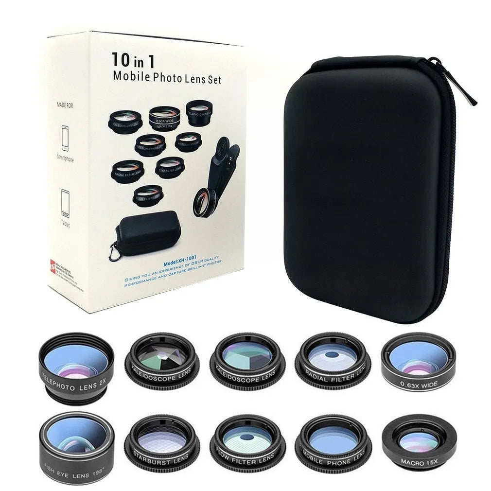 Black ten-in-one mobile phone camera lens kit with aluminium alloy housing on a smartphone