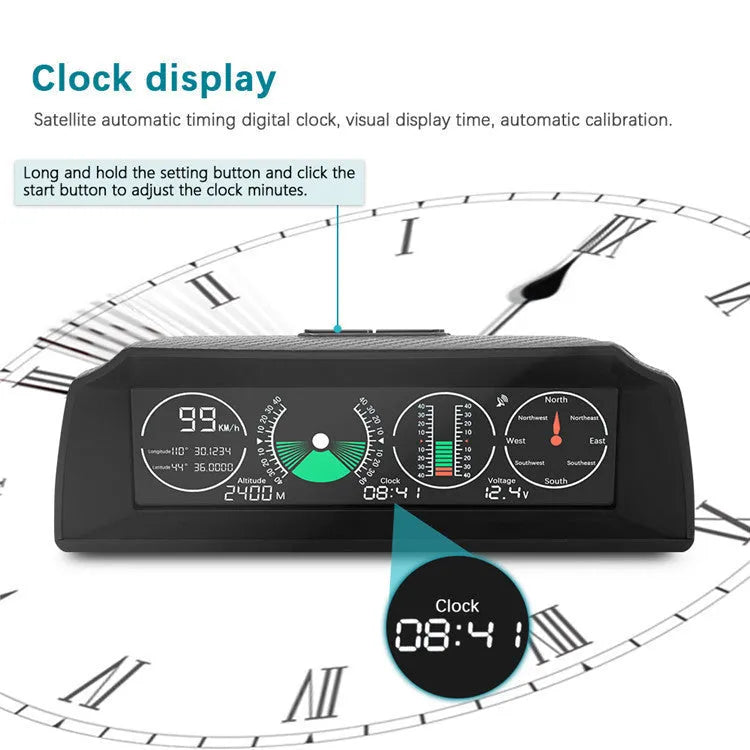GPS GO 2 car head-up display unit with carbon fibre body on a dashboard, showing speed and angle data on a colour LCD screen.