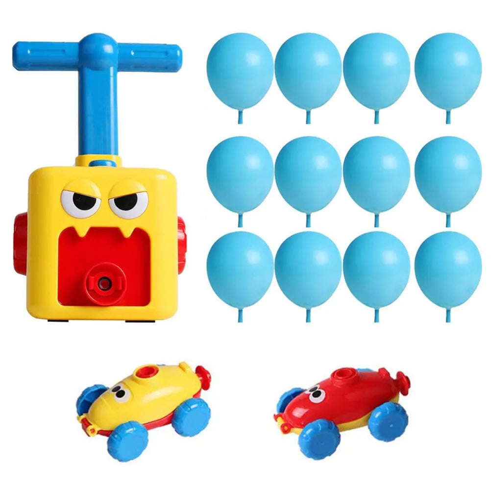 Children's air balloon powered car toy with ABS plastic construction, 2 cars, and 12 balloons on a white background