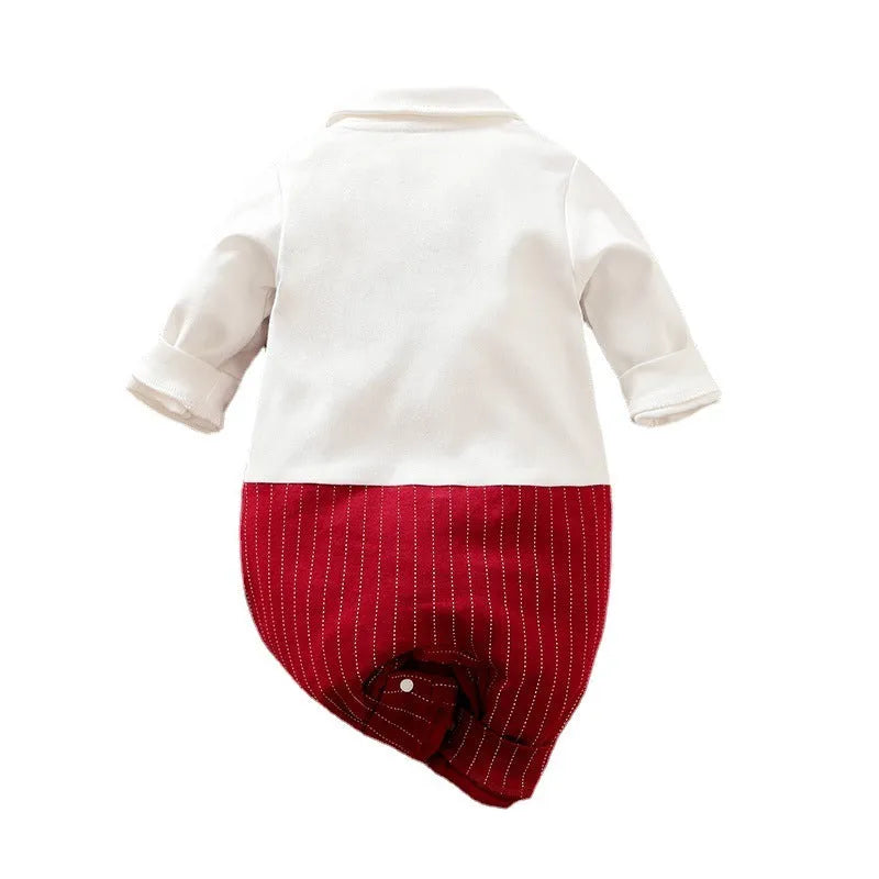 Baby boy gentleman jumpsuit in wine red with long sleeves and single-breasted closure