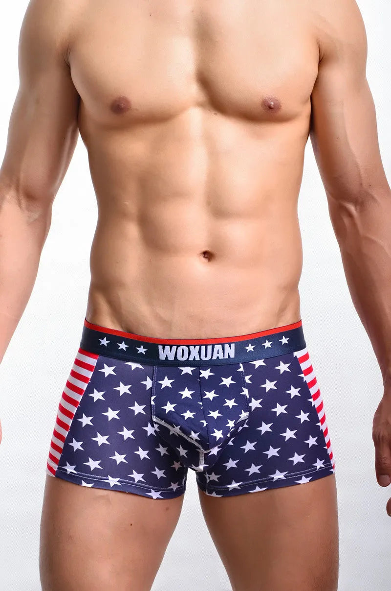 American flag printed ribbed boxers in red made from cotton and spandex, shown flat