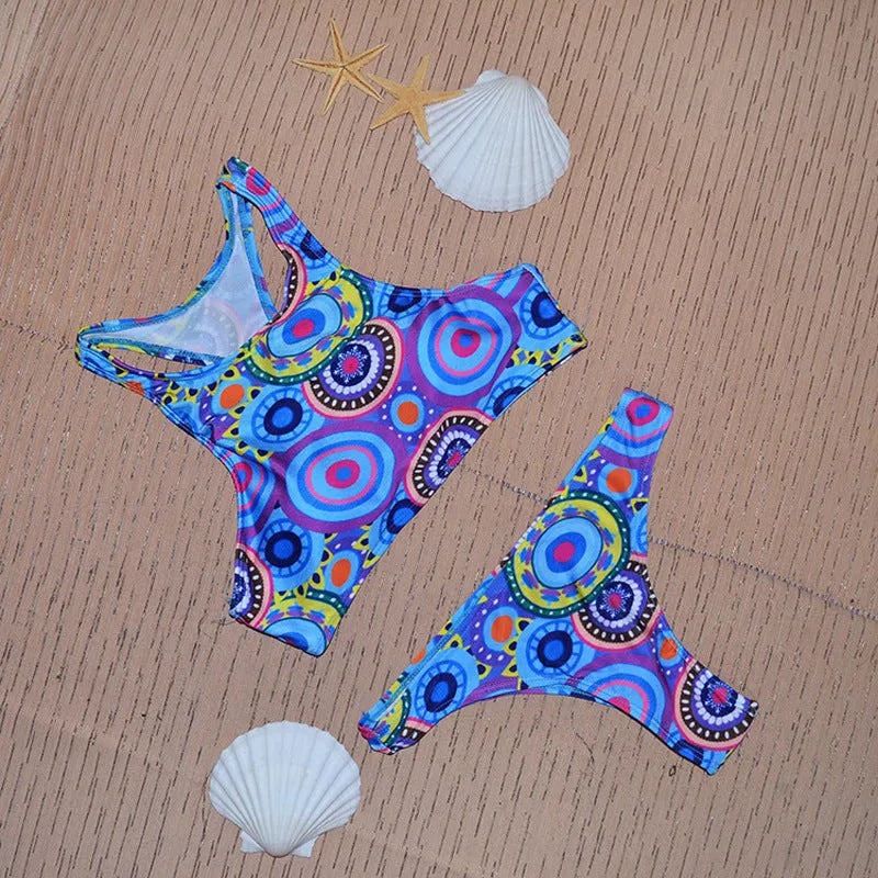 Women's circle print bikini swimsuit set with top and bottom, fast sell European US trend