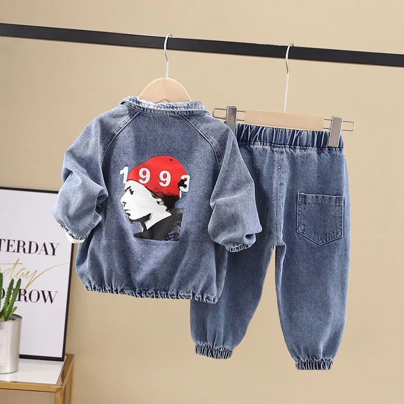 Boys' black denim suit set with long sleeves in Korean style, showing both top and trousers