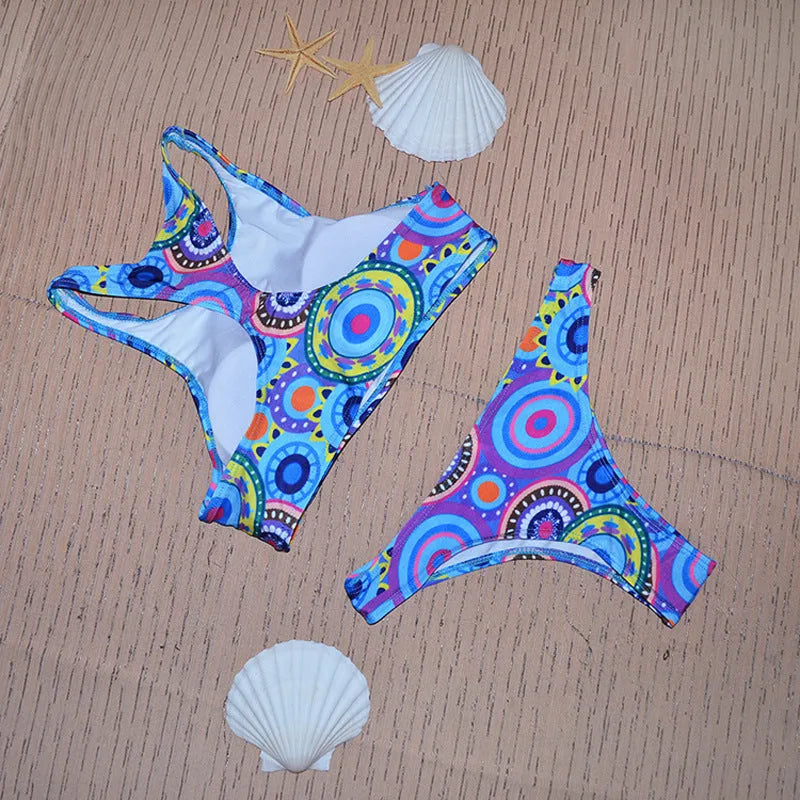 Women's circle print bikini swimsuit set with top and bottom, fast sell European US trend