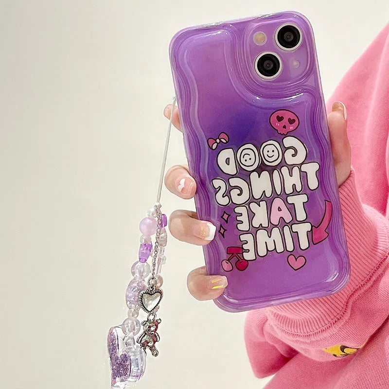 Purple graffiti English love design mobile phone case with integrated chain bracelet for iPhone
