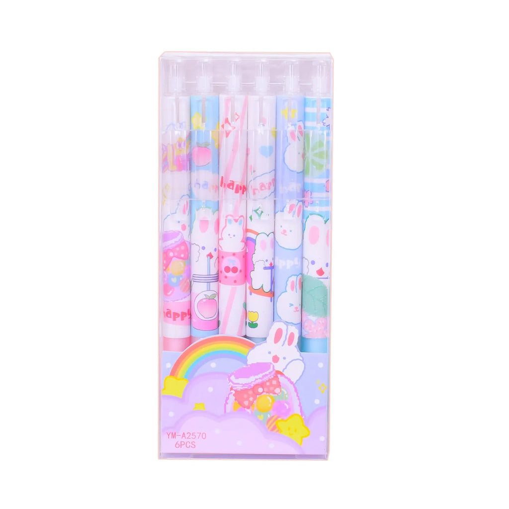Six Cartoon Bunny Student Stationery Writing Pens with 0.5mm black ink tips in plastic shells