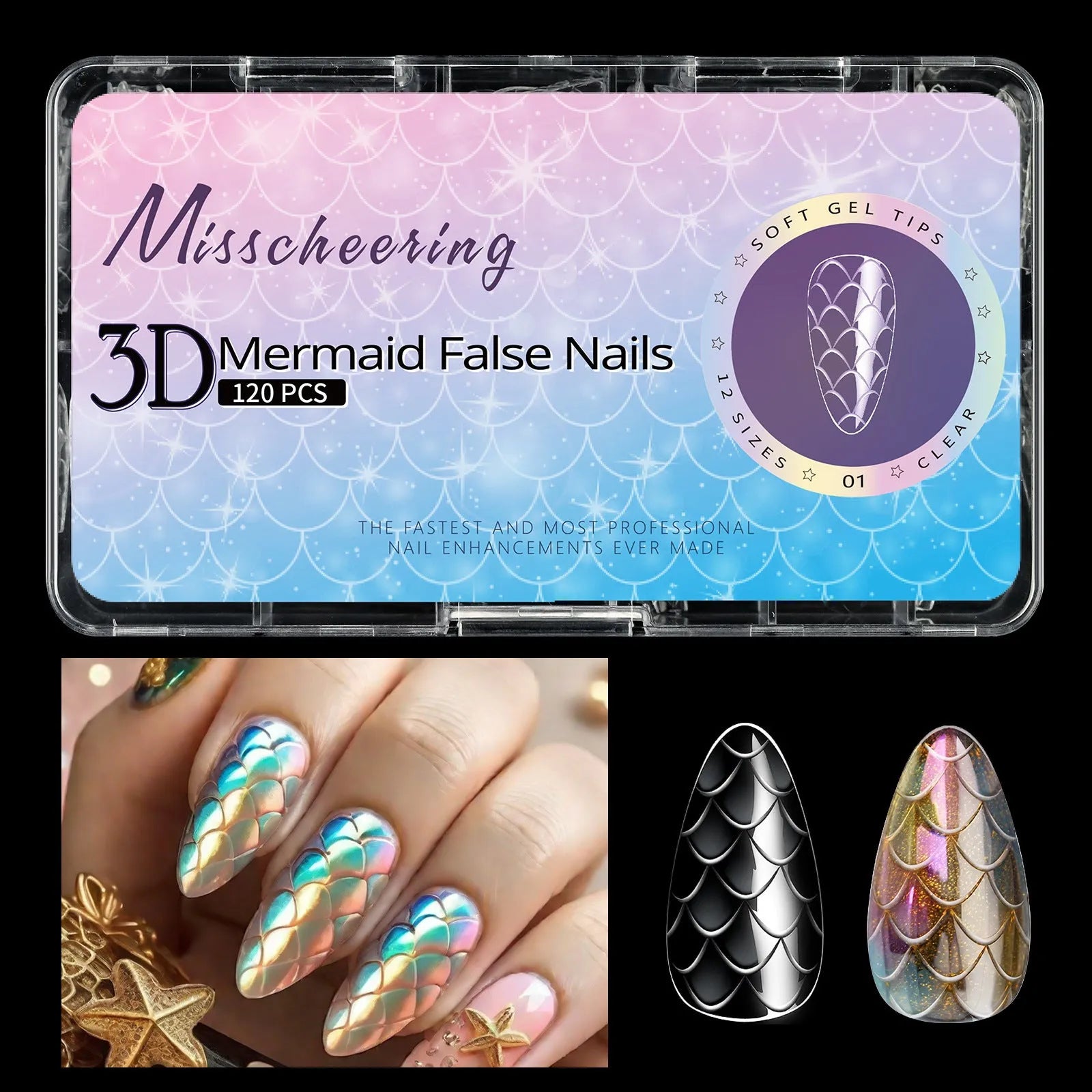 Box of 3D scale long shaping artificial nail tips for stiletto and coffin nail art designs.