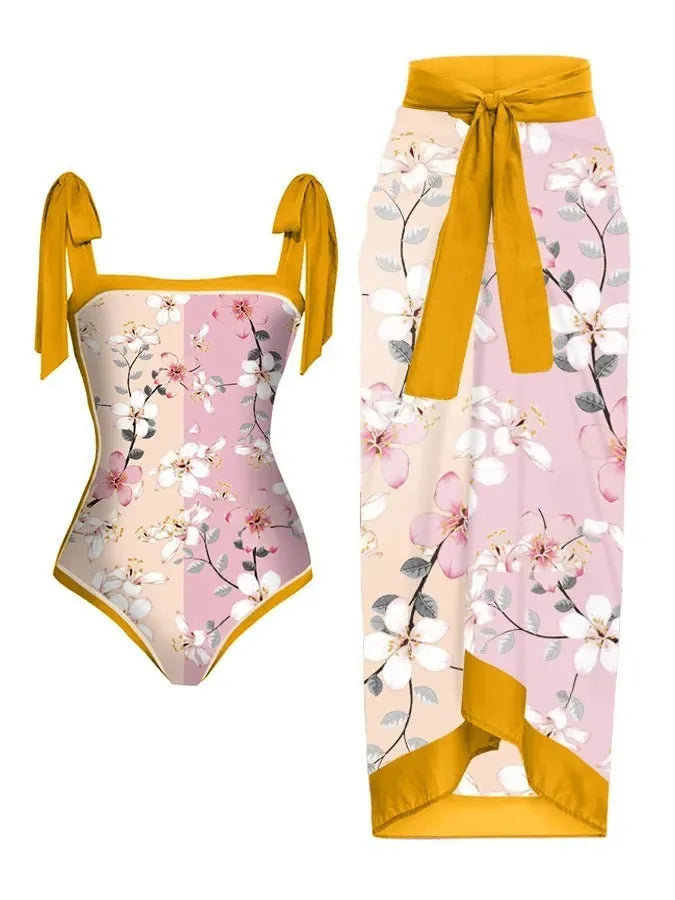 Women's floral printed chiffon two-piece swimsuit with hip skirt in polyester fabric